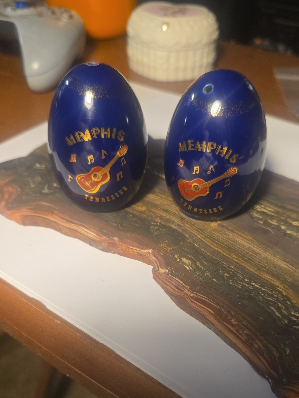 Vintage Memphis Tennessee cobalt Blue Egg Shaped Salt & Pepper Shakers